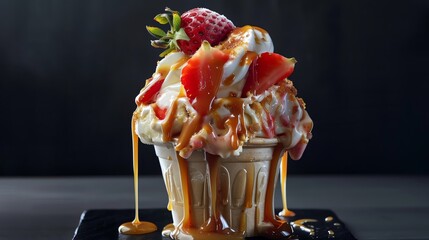 food photography of an ice cream sundae with strawberry and caramel sauce, dripping down the side, on a black background, poster design in the style of Alex duvallimier for leclerc food magazine title - obrazy, fototapety, plakaty