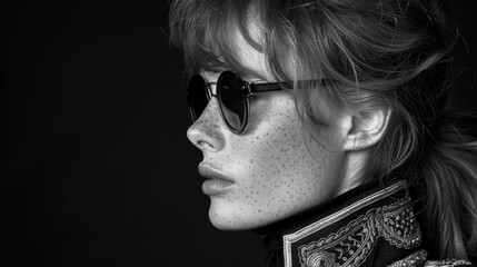   A black-and-white image of a woman wearing sunglasses and sporting freckled hair in a ponytail - obrazy, fototapety, plakaty