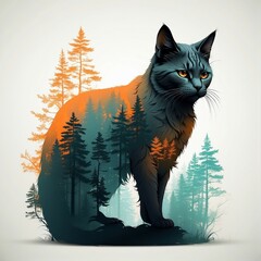 Silhouette of a Nordic cat filled with a forest , double exposure, crisp lines, colour background
