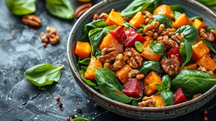  spinach, carrots, nuts, and spoons of spinach leaves - obrazy, fototapety, plakaty