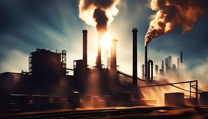 Industrial sunset scene with silhouetted structures and smoke, highlighting environmental impact - 784432584
