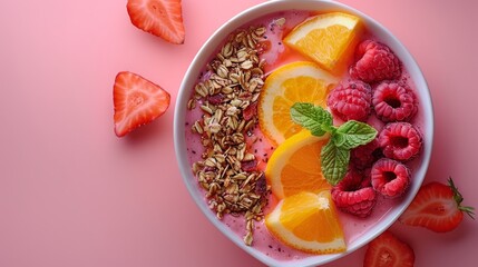   A pink surface holds a bowl filled with fruit, granola, and yogurt Strawberries and oranges gracefully decorate the dish - obrazy, fototapety, plakaty