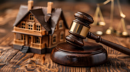 Wooden gavel on table near house model, setting for event or art project