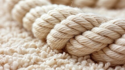   A tight shot of a white rope atop a pristine white blanket, featuring a knot of yarn in its center