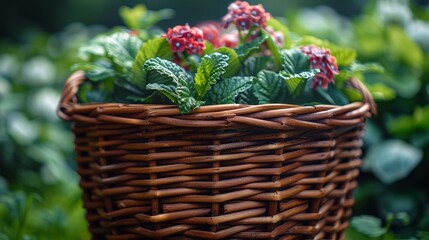   A wicker basket brimming with red blooms amidst lush green foliage within bushes