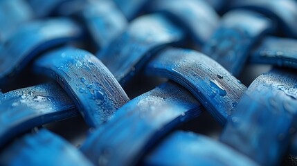   A tight shot of a blue tire, adorned with water droplets on its surface and rims - obrazy, fototapety, plakaty