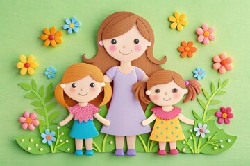 Obraz na płótnie Canvas Papercut illustration of Mom and her two daughter. Mom's love, Concept of mothers day, mothers love, relationships between mother and child, papercut art