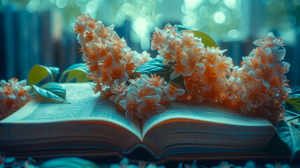 Bouquet of cherry blossoms and open book on blue background
