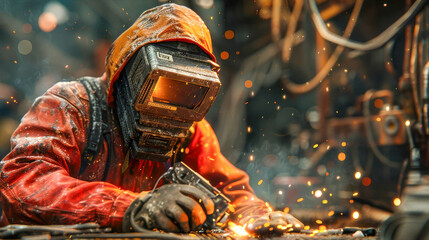 Welder with protective mask welding metal in factory. Industrial scene - obrazy, fototapety, plakaty