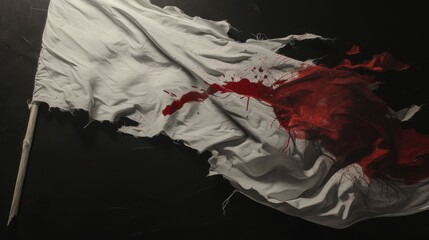 Blood on a white flag. Cancellation of the truce. AI generative.