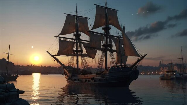 Step into a world of enchantment as you gaze upon a harbor aglow with the lights of night, its waters graced by the presence of ancient sailing ships in this breathtaking 4K video loop