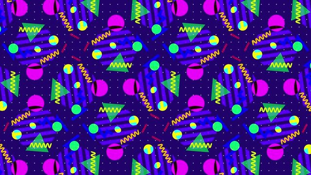 Memphis style background. Abstract animation of a retro patterns with geometrical shapes and lines. Seamless loop pop art design