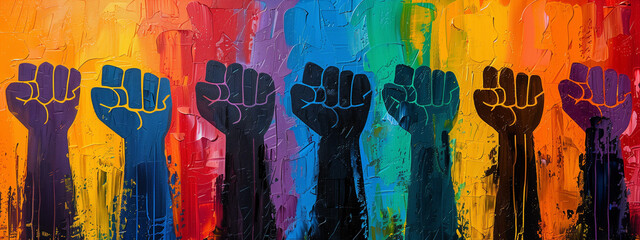 drowning art painting, colorful clenched fists hands raised in the air. Protest, strength, freedom, revolution, rebel, revolt concept design  - obrazy, fototapety, plakaty