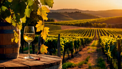 Romance and Wine: Autumnal Sunrise in Vines - obrazy, fototapety, plakaty