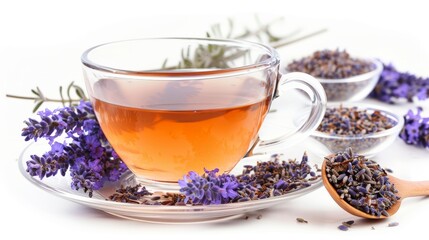 Cup of lavender tea on a white background. A cup of lavender tea and a teapot with fresh flowers on a white table. Herbal drink.