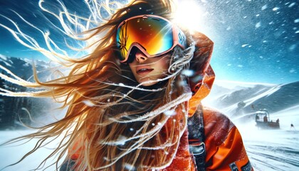 female snowboarder, captured in the midst of a snowstorm on a bright day. - obrazy, fototapety, plakaty