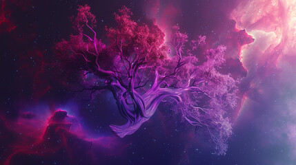 Harmonious magenta and violet brain tree branches swirl in a space setting.
