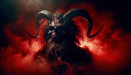 figure with demonic features, including curved horns and a wild mane of hair, emerges from the mist. - obrazy, fototapety, plakaty
