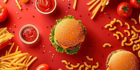 Fast food top view, flat lay.