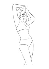 simple, minimalist illustration of a beautiful woman in a swimsuit, vector line art, beauty, fitness and spa salon concepts, promoting wellness and self-care 