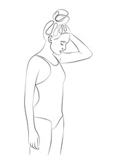 simple, minimalist illustration of a beautiful woman in a swimsuit, vector line art, beauty, fitness and spa salon concepts, promoting wellness and self-care 
