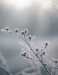 Fototapeta na wymiar Branches and twigs covered in hoarfrost with sparse, icy berries and late winter blooms, all against a muted, chilly background that captures the stillness of winter.