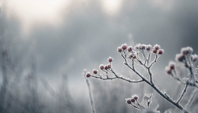 Branches and twigs covered in hoarfrost with sparse, icy berries and late winter blooms, all against a muted, chilly background that captures the stillness of winter.