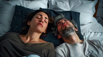Snoring couple lying in bed together
