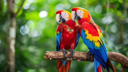 A pair of colorful macaws perched on a branch in the heart of the Amazon rainforest, capturing the diversity of wildlife in a tropical ecosystem