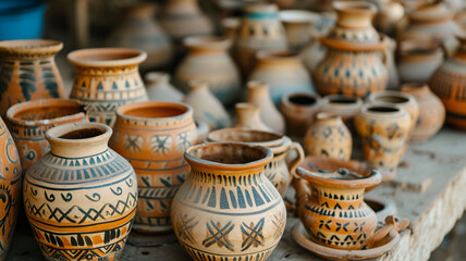 Fototapeta na wymiar A photograph capturing the intricate patterns of traditional pottery, showcasing the artistry and cultural significance of handmade ceramic heritage