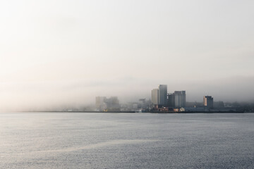 Trondheim city in sunrise and morning fog