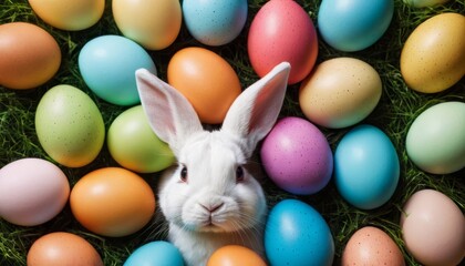 Fototapeta premium Easter holiday background wallpaper, bunny, colourful eggs pattern, coloured egg, banner design, card poster