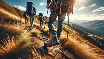 group of hikers with backpacks and trekking poles making their way along a scenic mountain trail. - obrazy, fototapety, plakaty