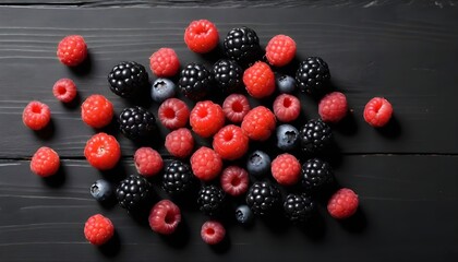 Fototapeta na wymiar Collection-of-fresh-wild-berries-on-black-wooden-background--top-view--4K-UHD-video-footage-
