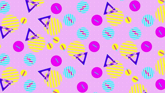 Memphis style background. Abstract animation of a retro patterns with geometrical shapes and lines. Seamless loop pop art design