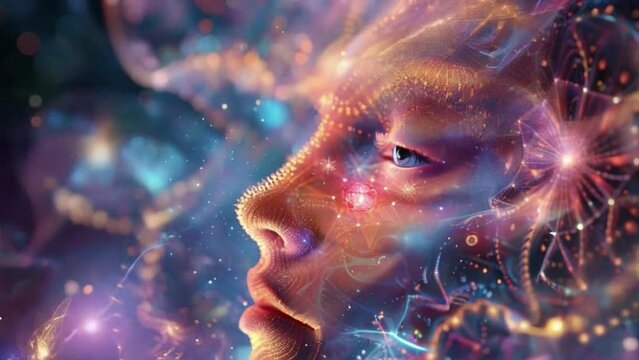A woman's face is shown in a colorful, abstract style 4K motion