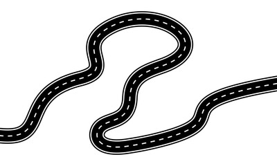 Wave road vector icon. Curved highway. Road with marking. Black asphalt with strips. Top view.
