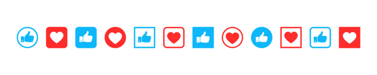 Set of thumb up and heart vector icons. Set with blue like and red love icons. Symbol okay or good. Vector 10 Eps.