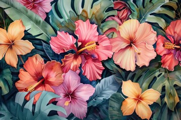 Fototapeta premium Vibrant Tropical Floral Painting on Pink and Orange Hibiscus Flower Background