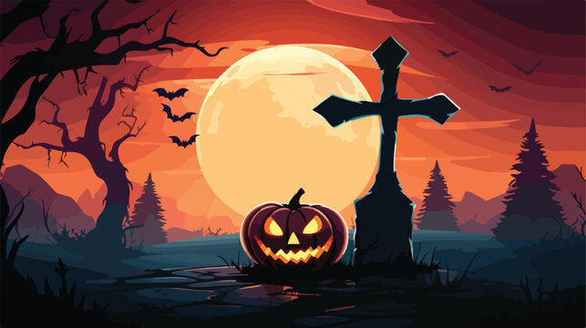Image of cross and a halloween pumpkin with full mo