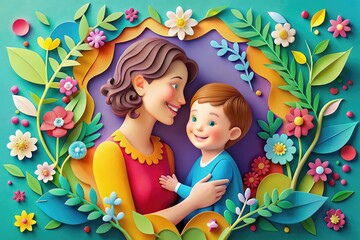 Mothers day Papercut illustration of Mom hugs her daughter. Mom's love, mothers love, relationships between mother and child