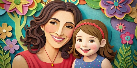 Papercut illustration of Mom hugs her daughter. Mom's love, Concept of mothers day, mothers love, relationships between mother and child, papercut art