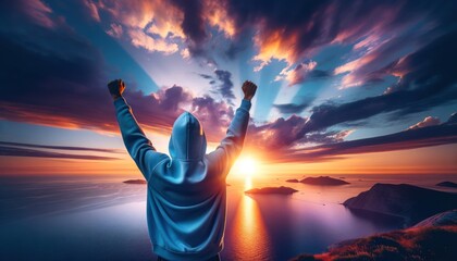 person in a light blue hoodie stands with their back to the camera, arms raised high against a breathtaking sunset