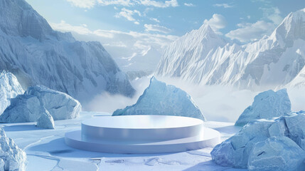 Ice podium background snow winter product platform cold mountain 3D. Podium ice display background...