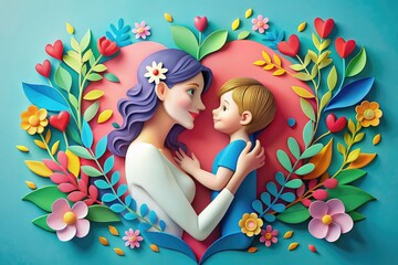 Mother holding baby around by flowers, Relation ship between mother and baby, Mothers day concept, papercut art, greeting, wishes