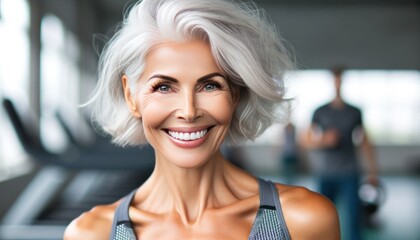 joyful mature woman with silver hair, smiling confidently in a gym setting. - obrazy, fototapety, plakaty