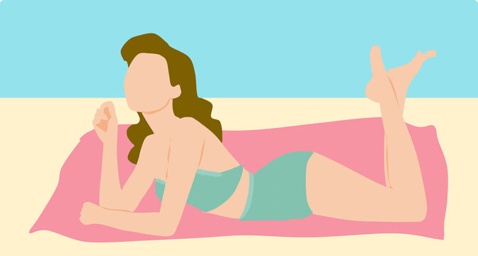 砂浜の上にレジャーシートを引いて横になる女性のイラスト