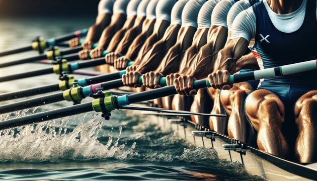rowing team in synchrony during a competitive race. The image focuses on the rowers' muscular arms