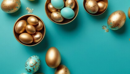 Festive Easter background with painted golden decoration on Easter eggs on beautiful turquoise table. Top view and fashion flat lay style.