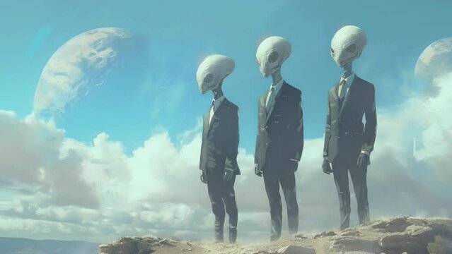 Three aliens in suits stand on a rocky hillside 4K motion